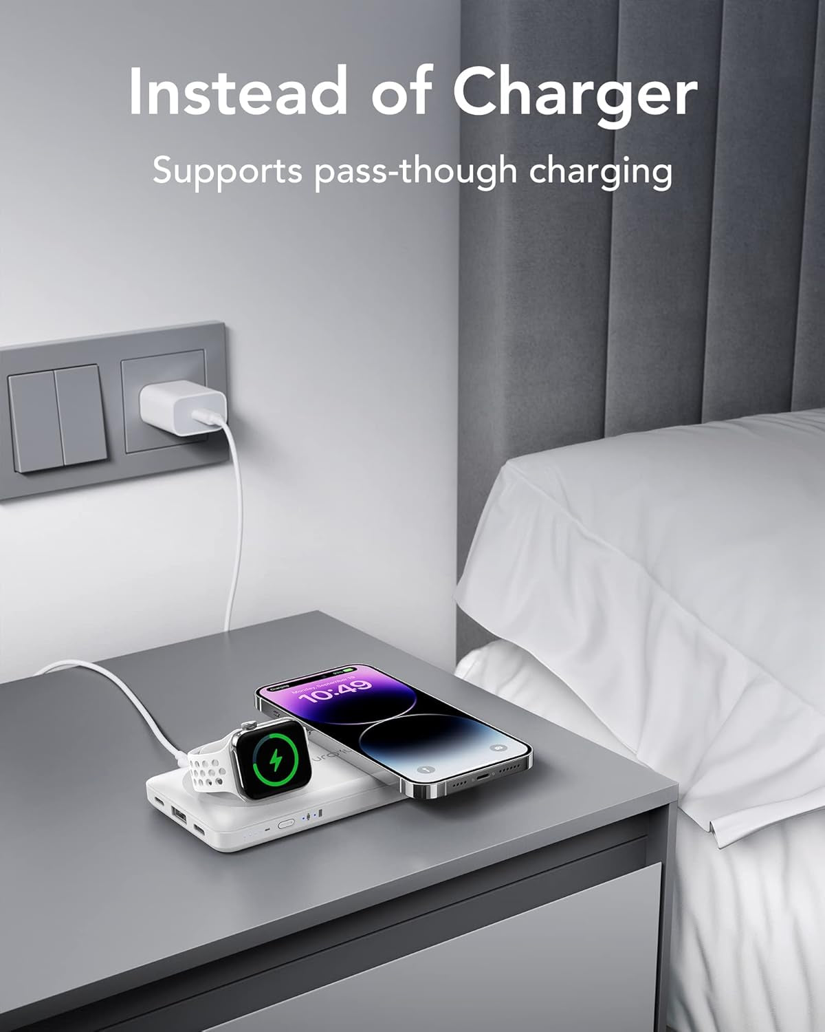 Batterie Externe Sans Fil Magnétique 10000Mah Power Bank USB C 22.5W Charge Rapide 3 in 1 Chargeur Portable Compatible Avec Iphone, Iwatch, Airpods, Samsung (Blanc)