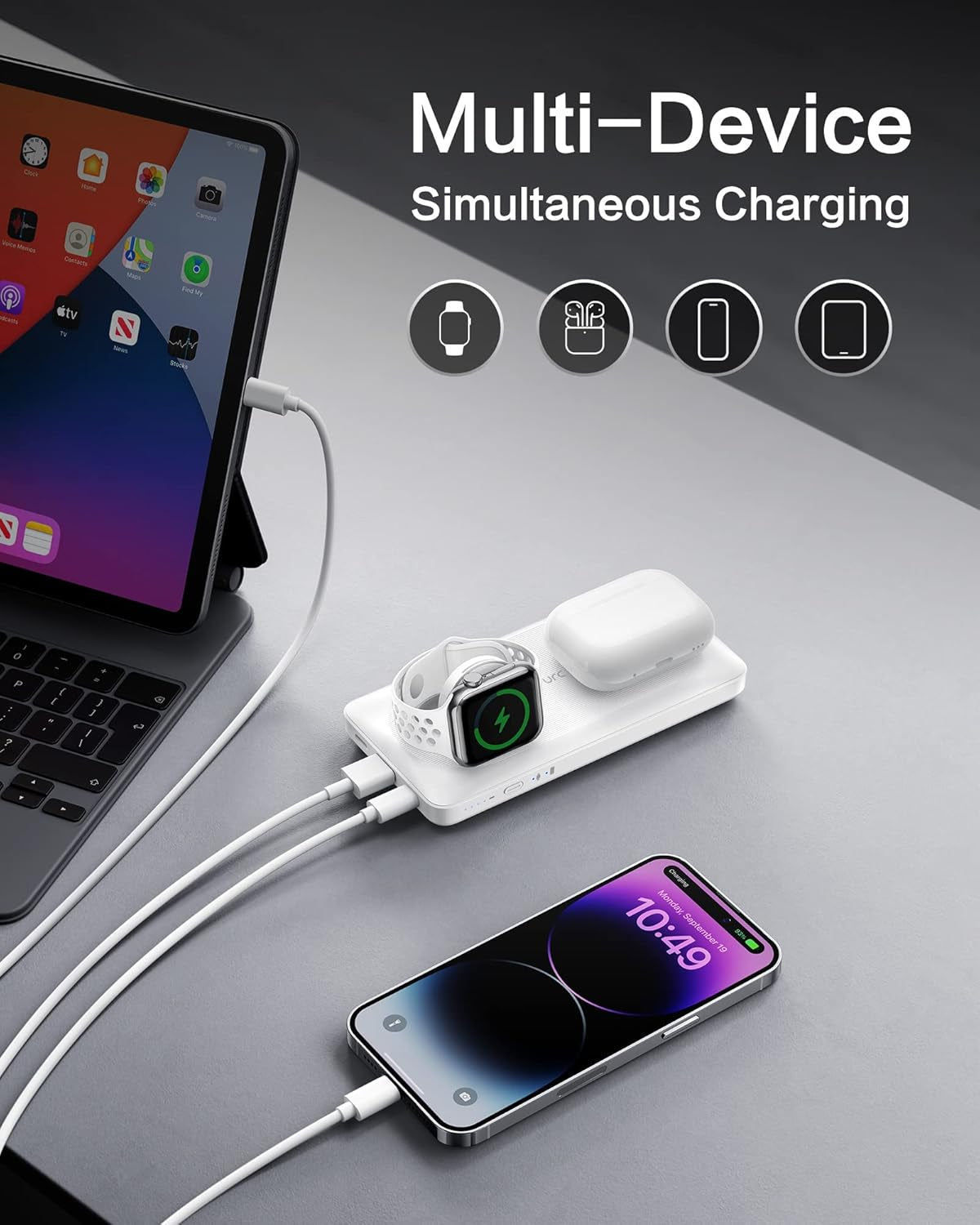 Batterie Externe Sans Fil Magnétique 10000Mah Power Bank USB C 22.5W Charge Rapide 3 in 1 Chargeur Portable Compatible Avec Iphone, Iwatch, Airpods, Samsung (Blanc)