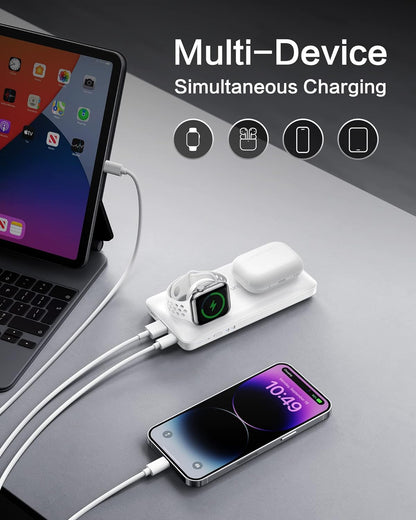 Batterie Externe Sans Fil Magnétique 10000Mah Power Bank USB C 22.5W Charge Rapide 3 in 1 Chargeur Portable Compatible Avec Iphone, Iwatch, Airpods, Samsung (Blanc)