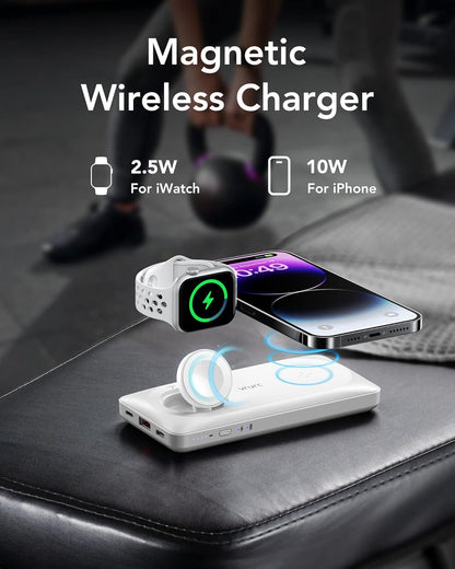 Batterie Externe Sans Fil Magnétique 10000Mah Power Bank USB C 22.5W Charge Rapide 3 in 1 Chargeur Portable Compatible Avec Iphone, Iwatch, Airpods, Samsung (Blanc)
