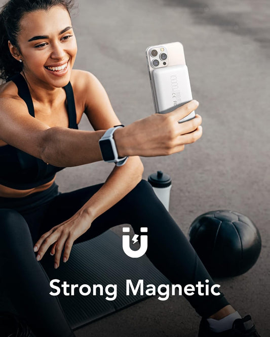 Batterie Externe Sans Fil Magnétique 10000Mah Power Bank USB C 22.5W Charge Rapide 3 in 1 Chargeur Portable Compatible Avec Iphone, Iwatch, Airpods, Samsung (Blanc)