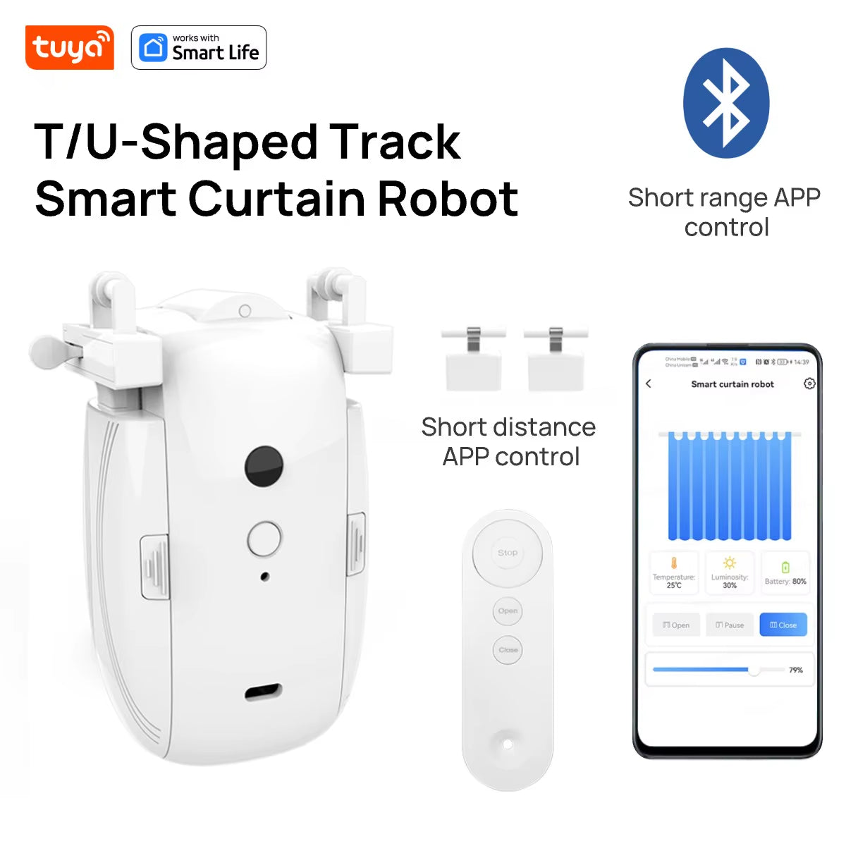 Tuya Smart Curtain Robot (T/U-Shaped Track) Bluetooth APP Short Range Control, Timed Switch, Pull-To-Start, 8KG Load Capacity