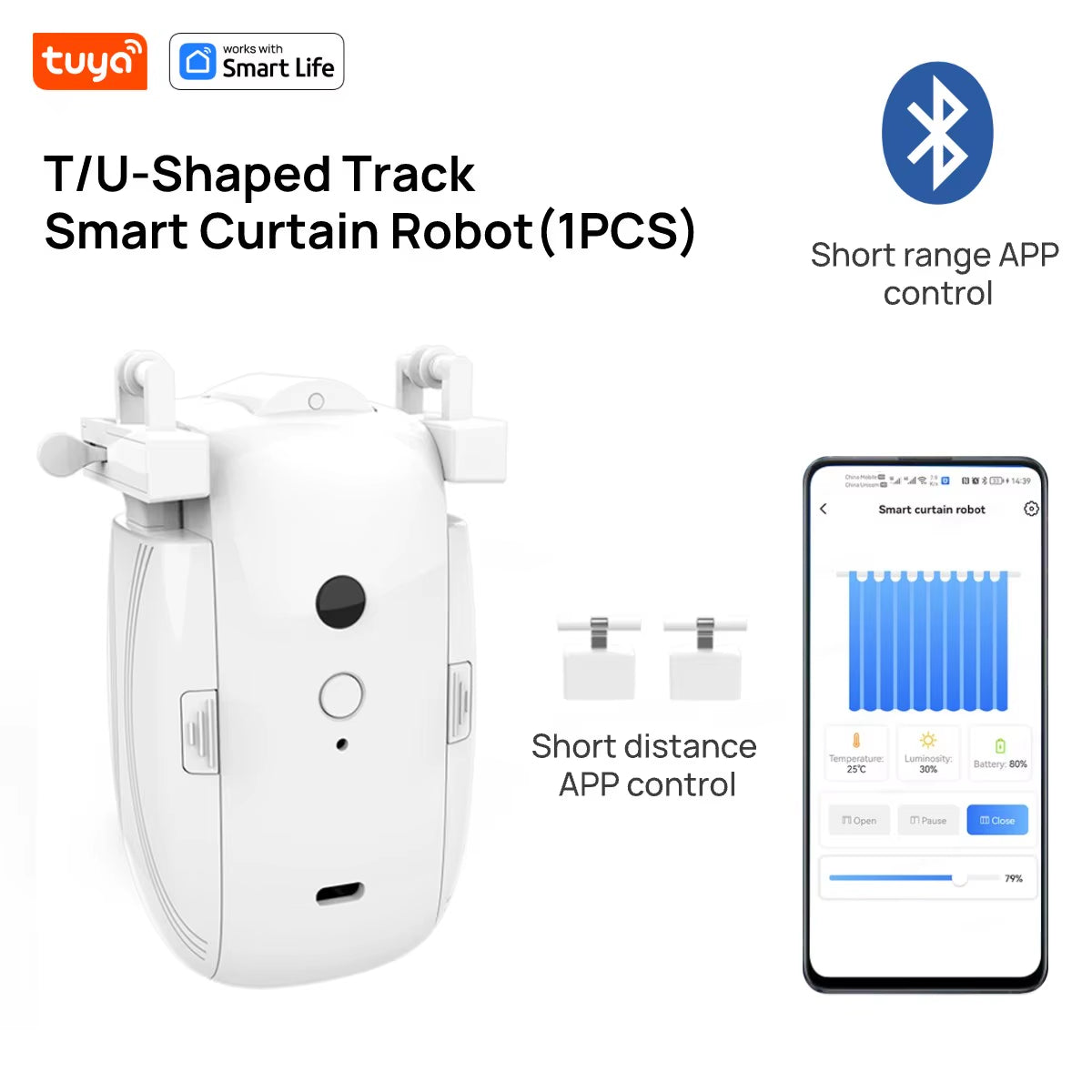 Tuya Smart Curtain Robot (T/U-Shaped Track) Bluetooth APP Short Range Control, Timed Switch, Pull-To-Start, 8KG Load Capacity