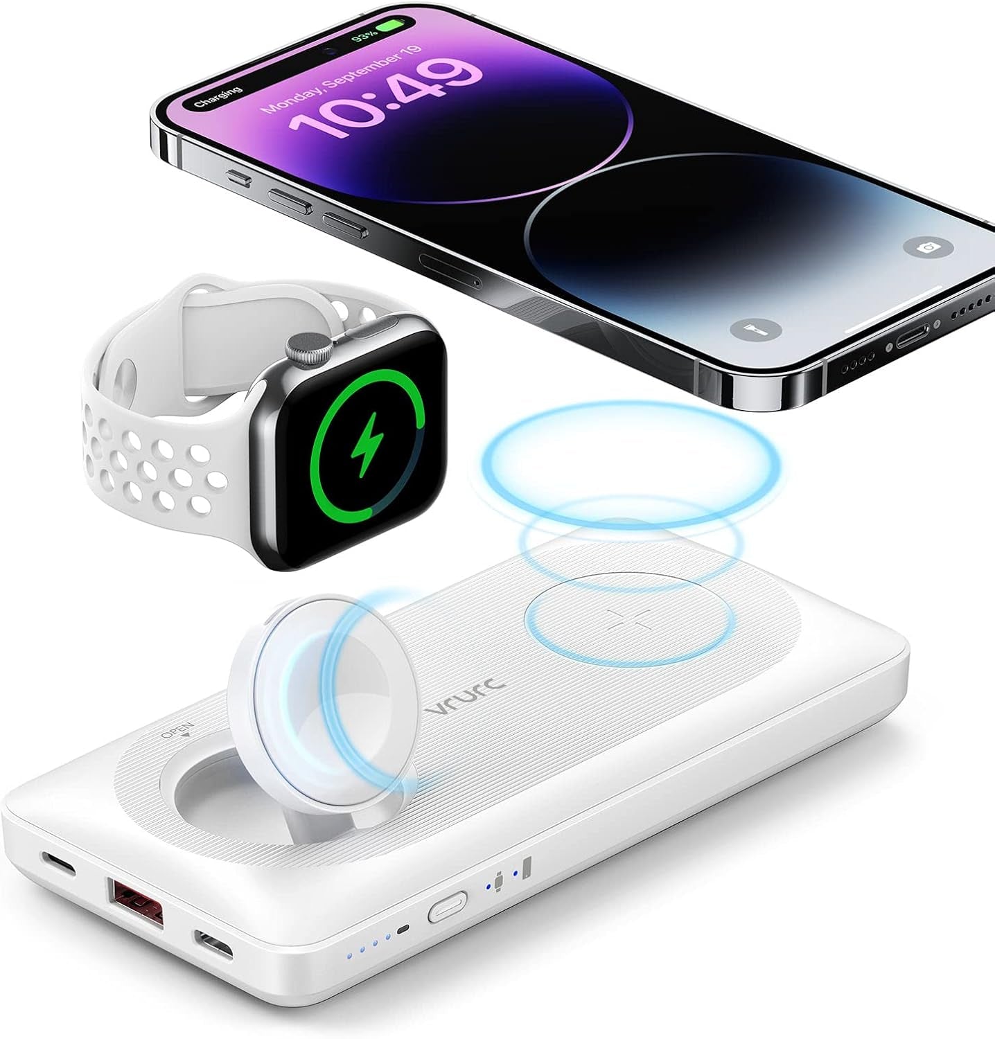 Batterie Externe Sans Fil Magnétique 10000Mah Power Bank USB C 22.5W Charge Rapide 3 in 1 Chargeur Portable Compatible Avec Iphone, Iwatch, Airpods, Samsung (Blanc)